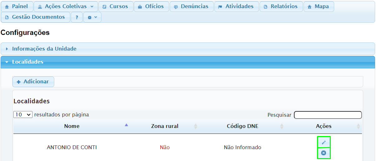 Configurações da Unidade Informações da Unidade Localidades Editar ou Remover.png